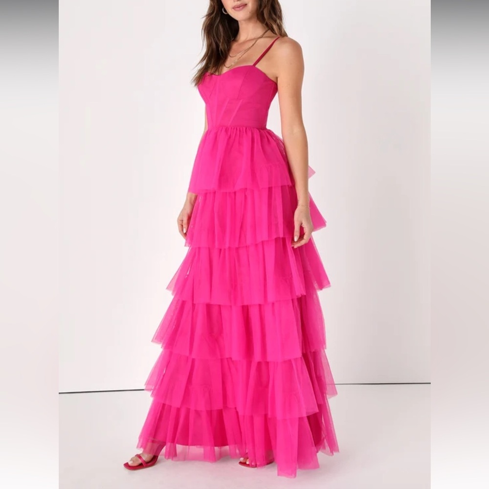 Lulu's Pink Maxi Dress Spaghetti Strap Tiered Ruffle